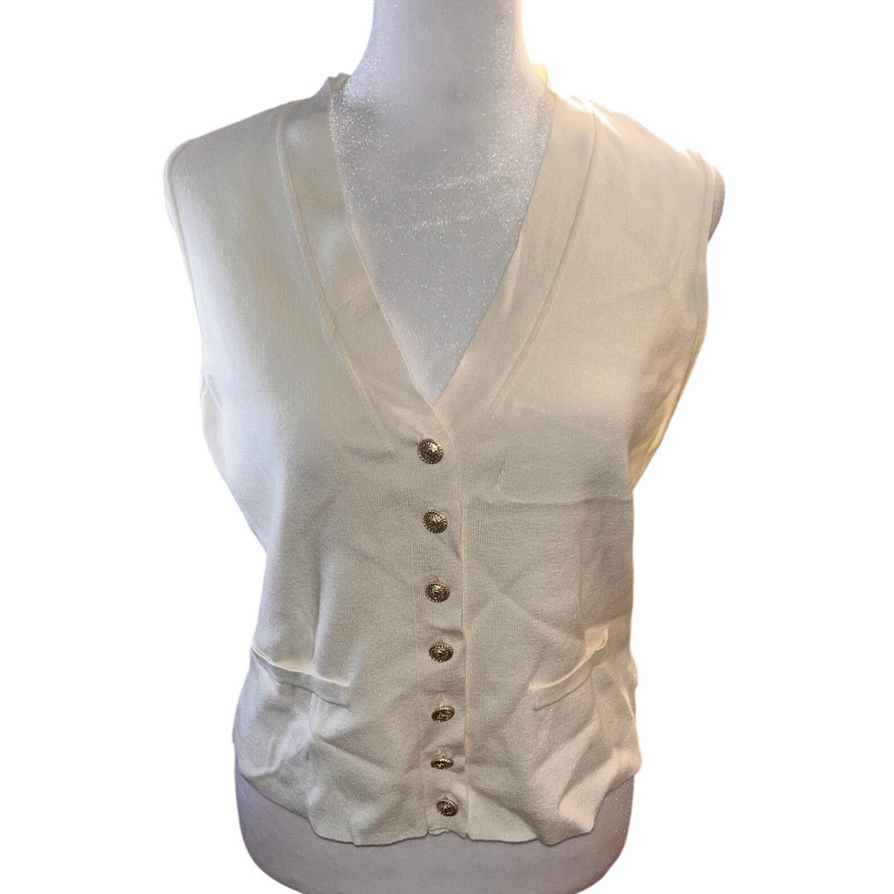 Jason Wu Cream Viscose Blend V-Neck Button Front Vest Gold Crest Buttons PM NWT